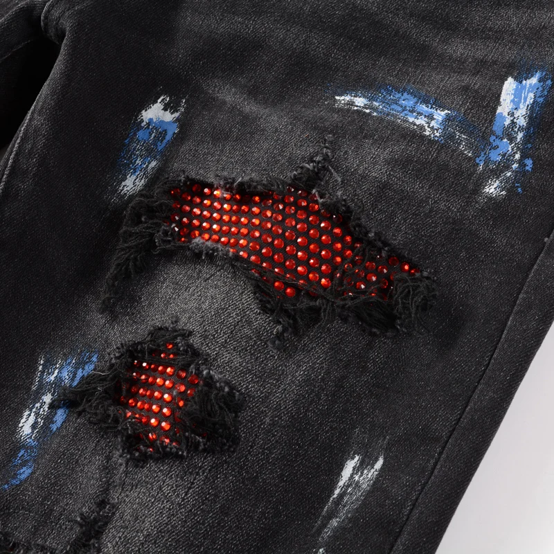 

Y2K Street Fashion New Men's Jeans Stretch Slimming Washed Retro Beaded Black Jeans High Street Fashion Hip Hop Brand Pants Hom