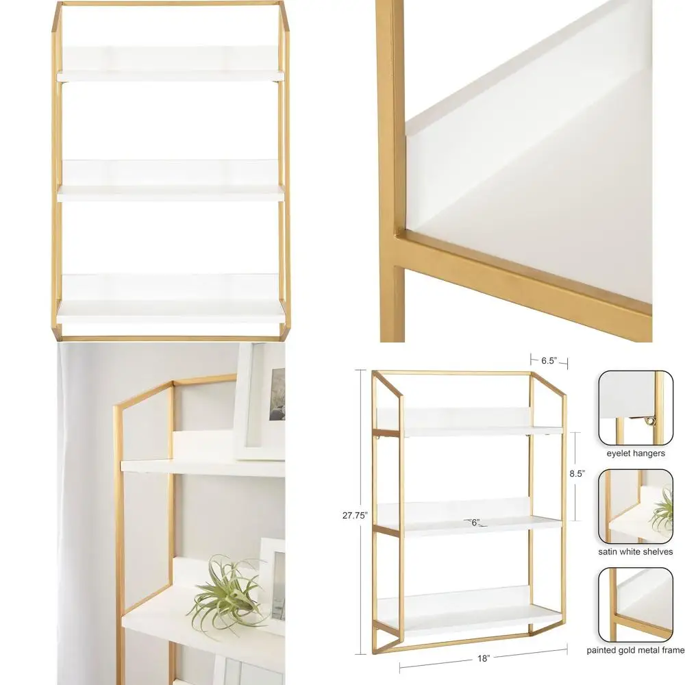 

3-Tier Floating Wall Shelf, 18 x 7 x 28, White & Gold, Display and Storage