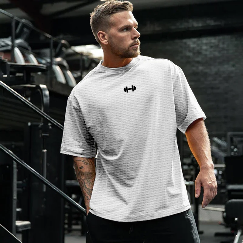 Oversized Loose Gym Clothing Mesh Quick Dry Bodybuilding Fitness Men Short Sleeve Barbell print Sport Streetwear Workout T-Shirt