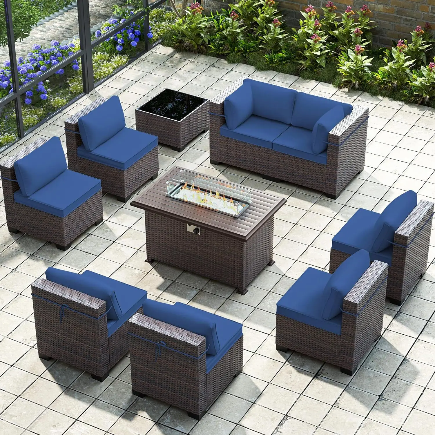 

10 Pieces Patio Furniture Set with Fire Pit Table, All Weather Rattan Outdoor Furniture with 29.5'' High Backrest, Customized