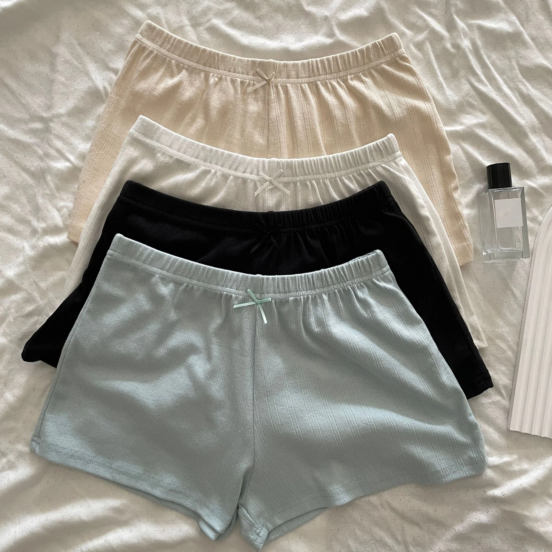 

Summer New Eyelet Solid Color Shorts Women Bow Elastic Mid Waist Cotton Slim Home Short Pant Simple Fashion Casual Cozy Shorts