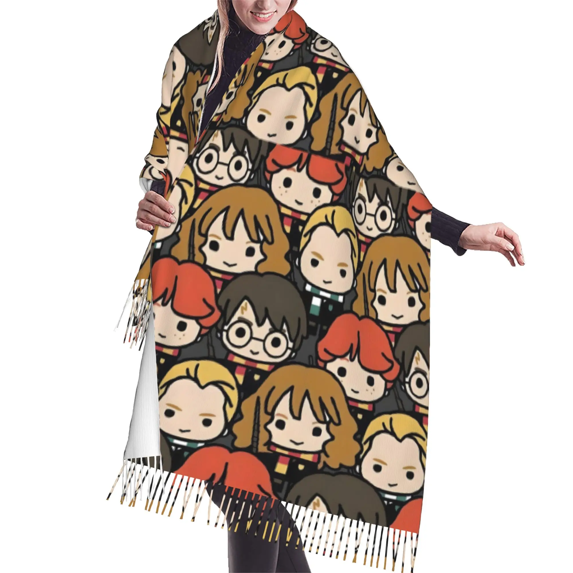 Custom Lady Long Halloween H-Harryed Scarves Women Winter Fall Thick Warm Tassel Shawl Wraps Magic School Spooky Scarf