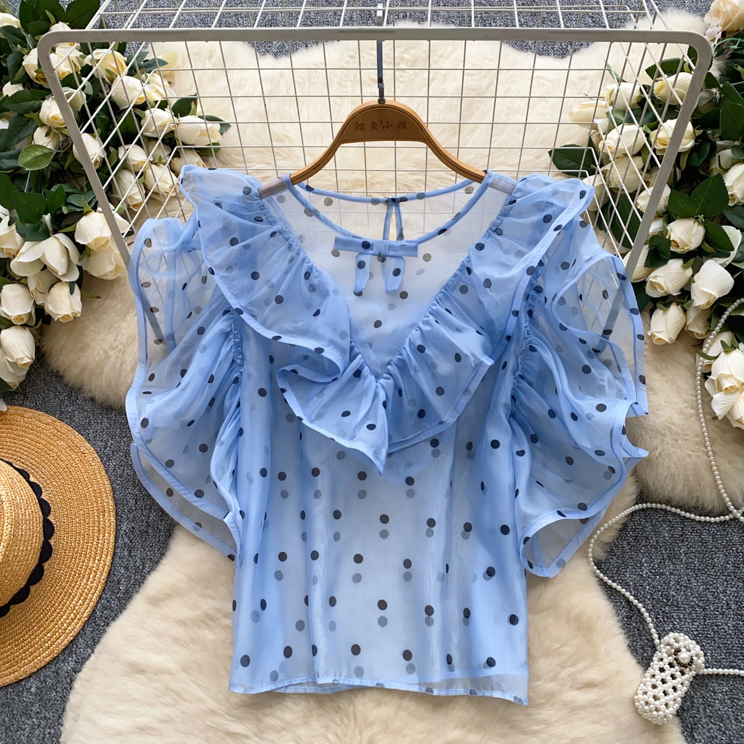 Vintage Basics ruffle mesh Chic Polka dot Slim Top office lady French Streetwear High Street Blouse