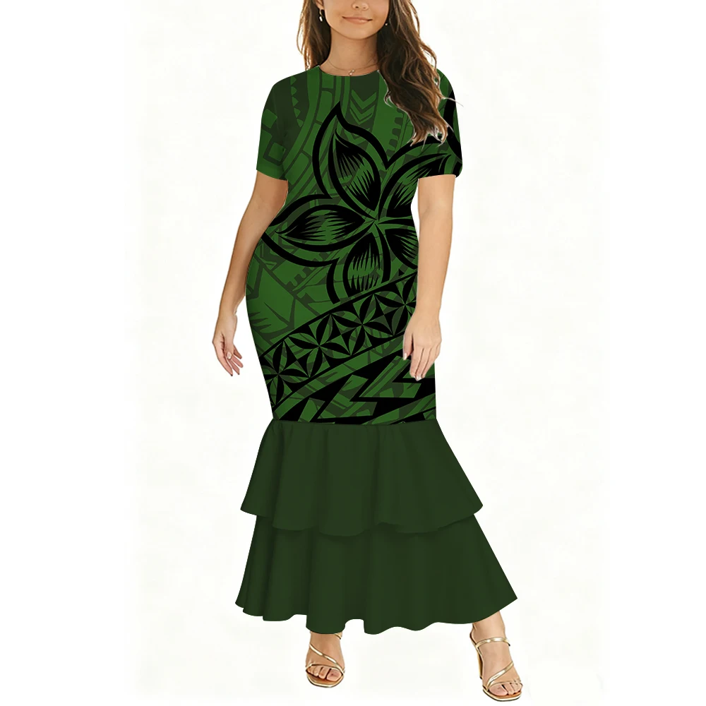 High-Quality Tribal Design Slimming And Form-Fitting Women'S Fishtail Dress Polynesian Custom Round-Neck Short-Sleeved