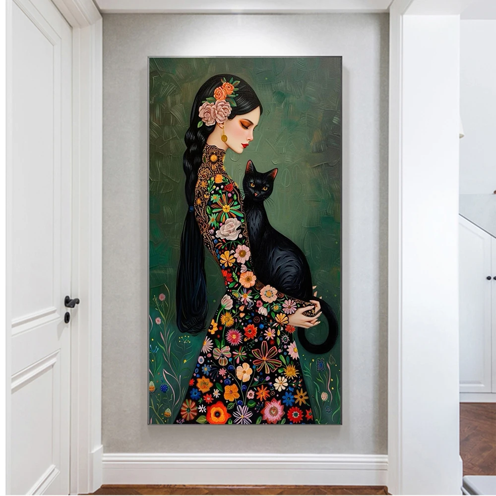 Beautiful Woman Holding A Cat Posters And Prints With Floral Dress Oil Abstract Living Room Bedroom Wall Decor Art Home Decor