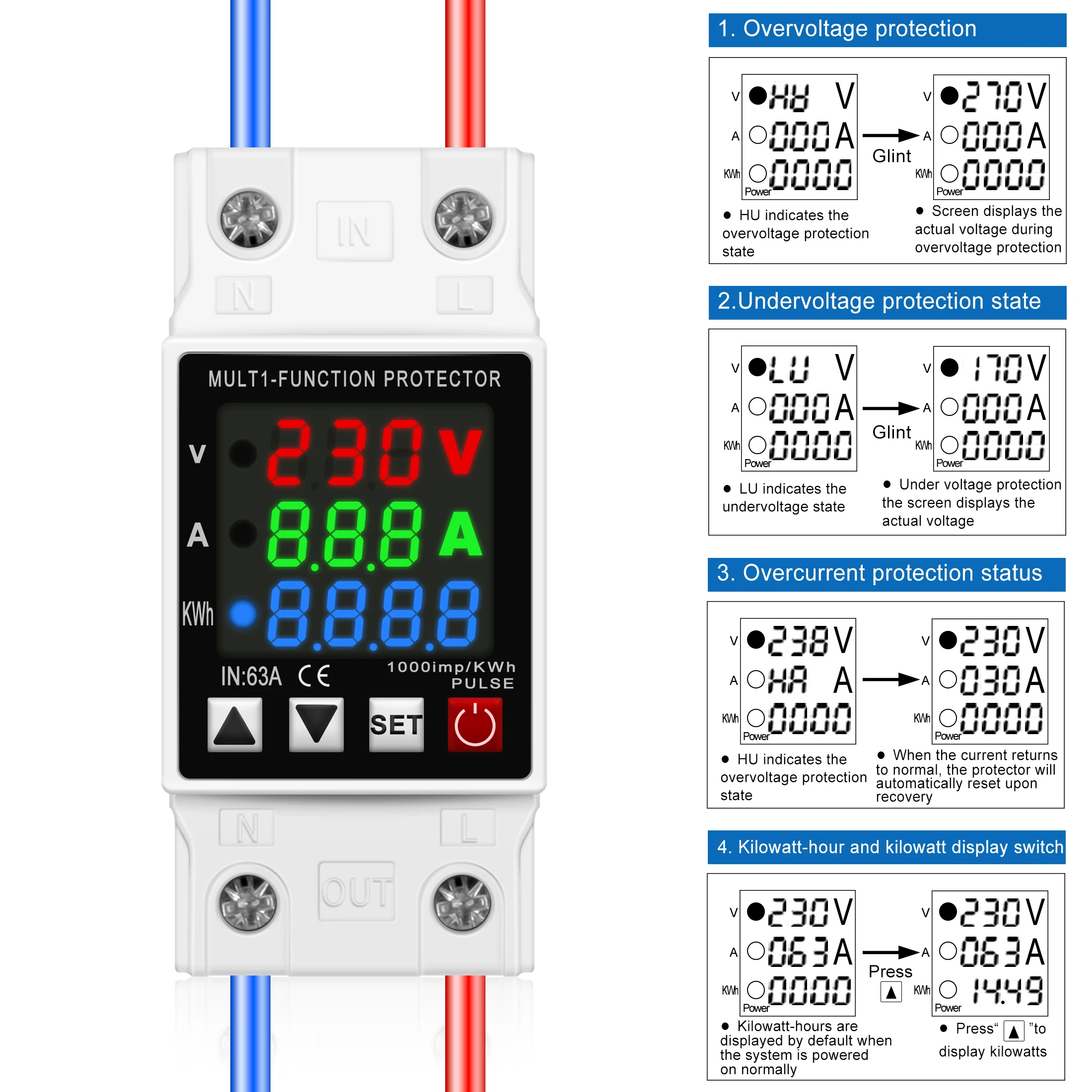 40A 63A 230V Din Đường Sắt Có Thể Điều Chỉnh Quá Điện Áp Và Dưới Điện Áp Bảo Vệ Thiết Bị Bảo Vệ Tiếp Sức Với Bảo Vệ Quá Dòng