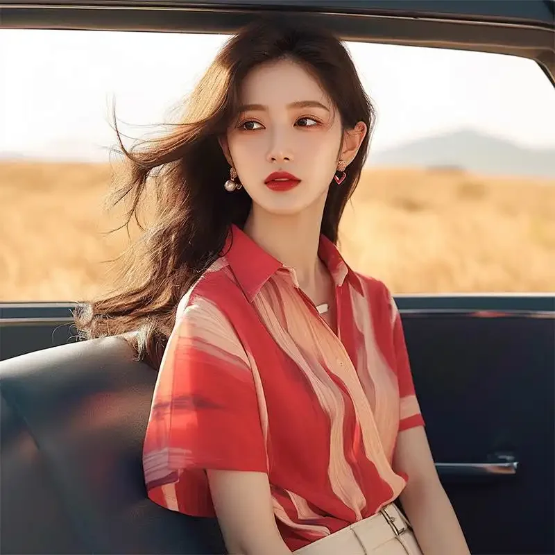 Women Red Gradient Stripe Print Lapel Short Sleeve Shirt Elegant French Casual Summer Blouse S-3XL