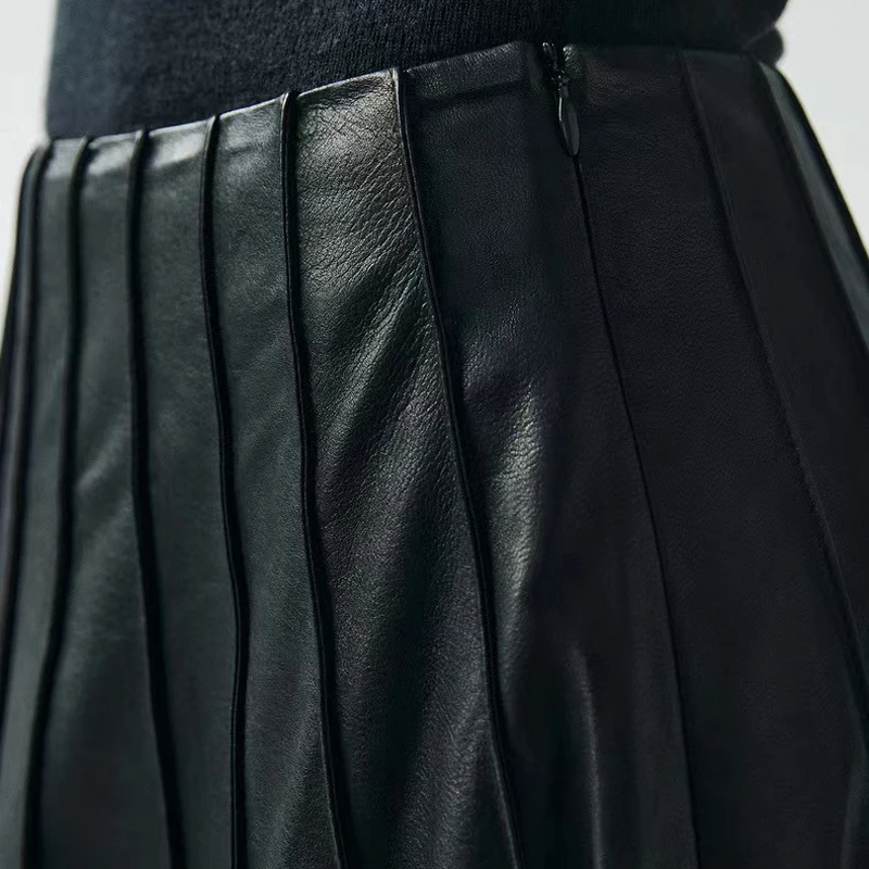 Charming Pleated Skirt Women Harajuku Heavy Industry 100% Leather Patchwork Long Faldas Female Slim Gothic Cothes Jupe Longue