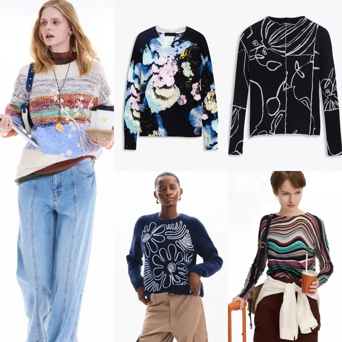 

European and American style Spanish original single women's knitted sweater, retro embroidered printed round neck elastic top