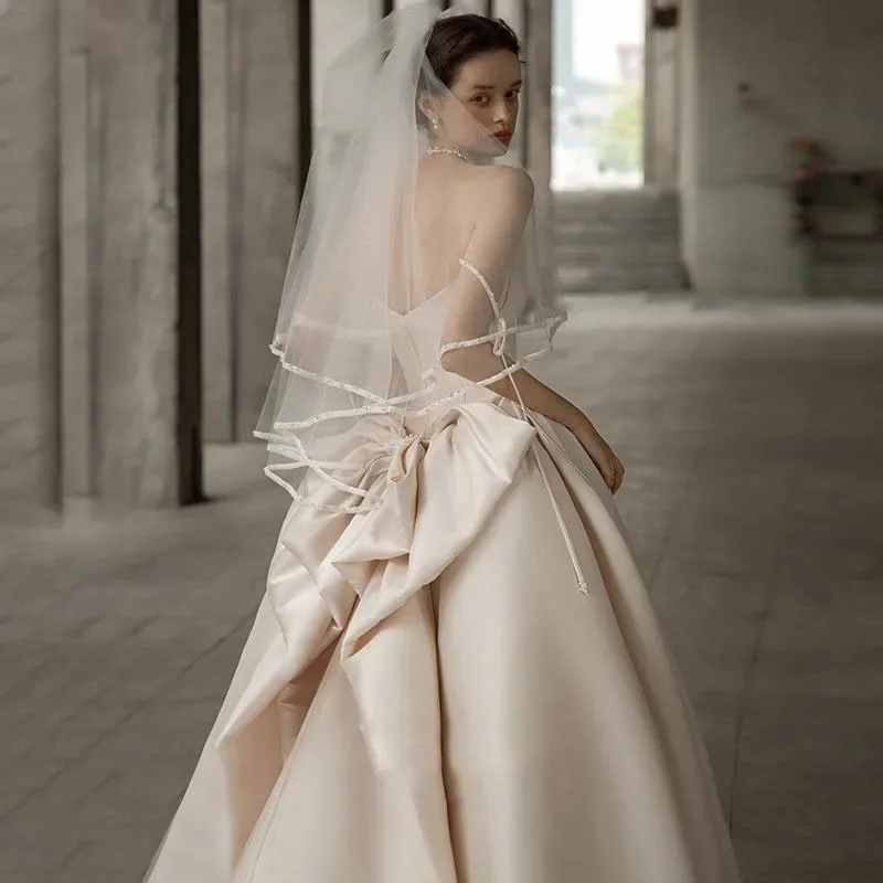 Robe de Mariée Principale en Satin à Bretelles Vintage, Magnifique, Classique, Légère, Longueur au Sol, Nouvelle Collection