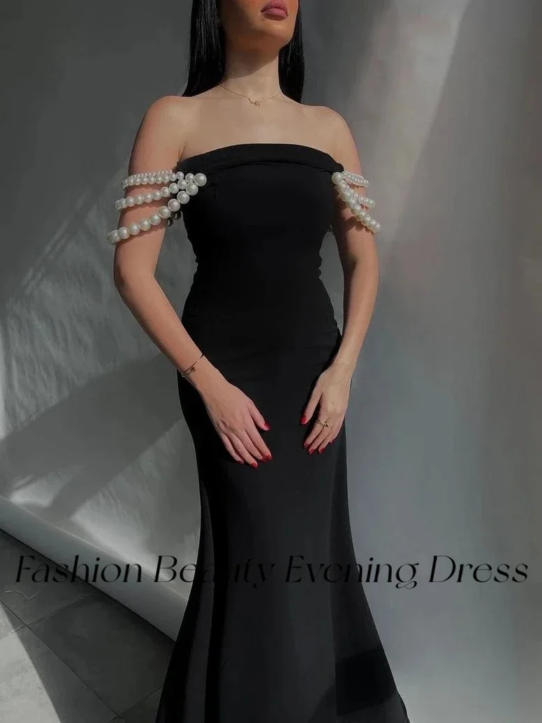 Vestido de noche negro sin tirantes para mujer, traje de fiesta Formal con perlas de sirena, belleza de moda, 2024