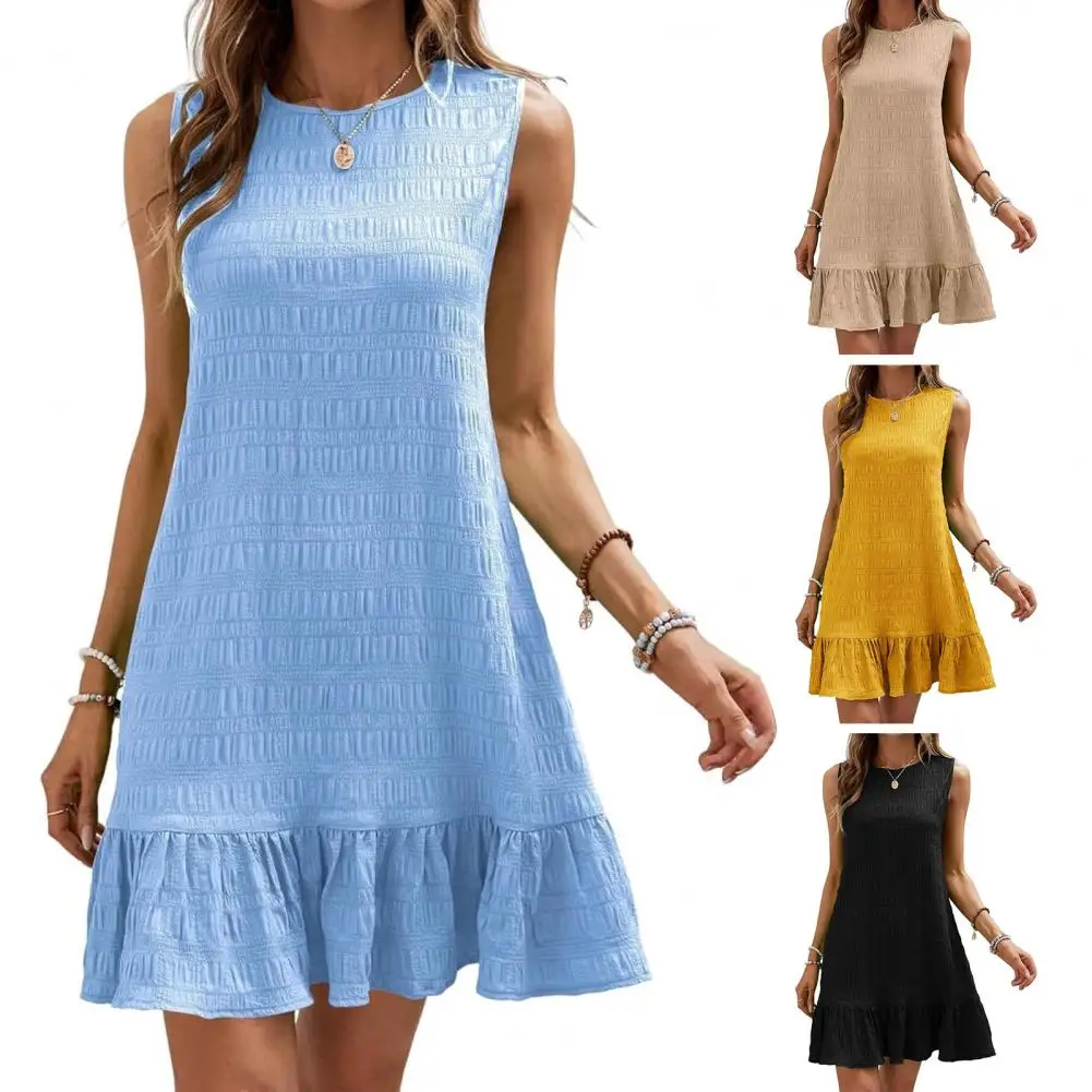 Pleated Dress Chic A-line Mini Dress with Pleated Ruffle Patchwork Hem for Summer Dating Shopping Round Neck Pleated