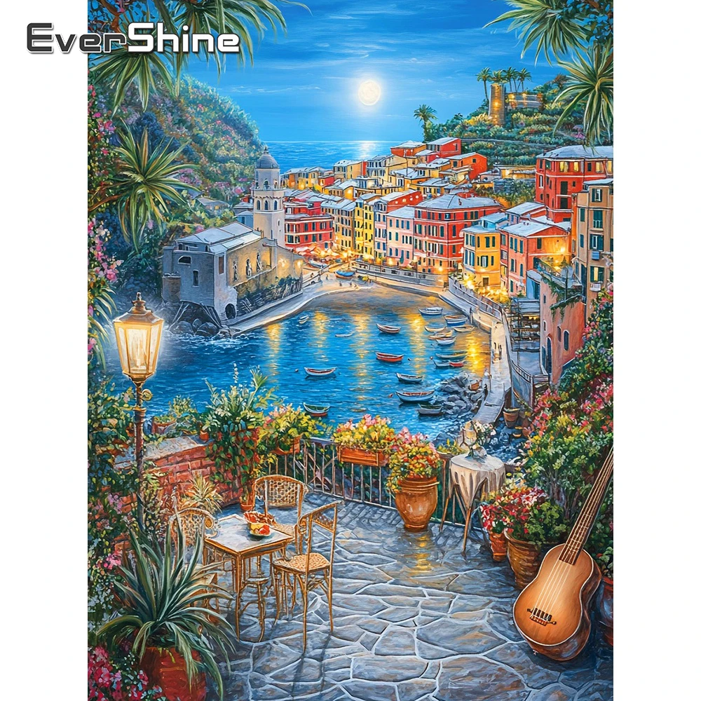 EverShine Diamant-Stickerei Meereslandschaft Bild Strass-Stickerei Haus Vollflächiges Gemälde Boot Mond Heim-Dekoration