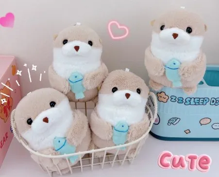 Cute Otters Holding Fish Plush Doll Fashion Keyrings Lightweight Hanging Pendant Props For School Bag Key Wallet Doll Toy Gifts