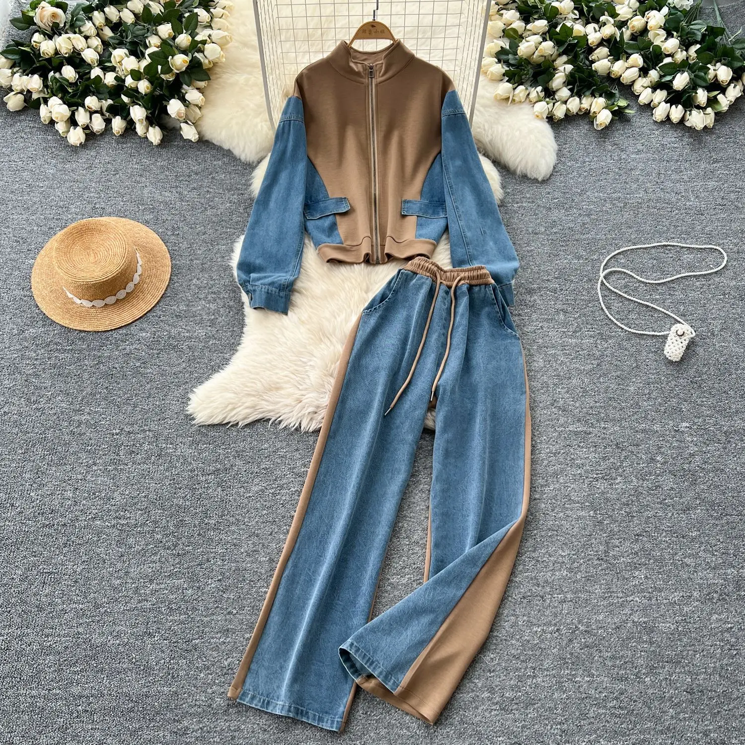 Pant Set Women Two Piece Sets Denim Stand Collar Matching Sets Casual Loose Tops Wide Leg Long Pants Lace Up Y2k Streetwear