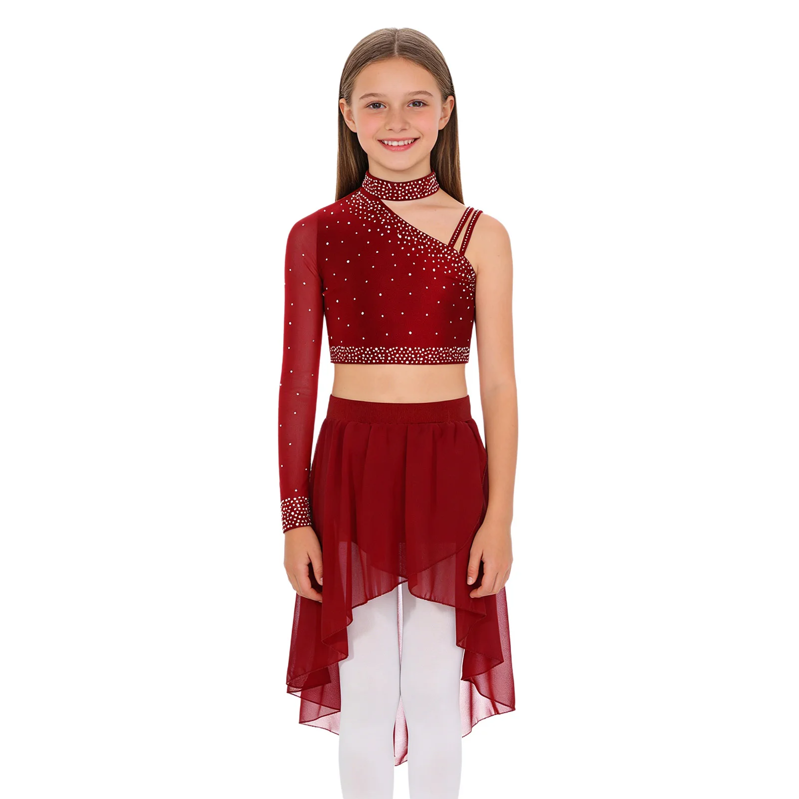 Kids Girls Modern Lyrical Dance Costume One-shoulder Shiny Rhinestone Crop Top with Chiffon Skirt for Ballet Skating Gymnastics