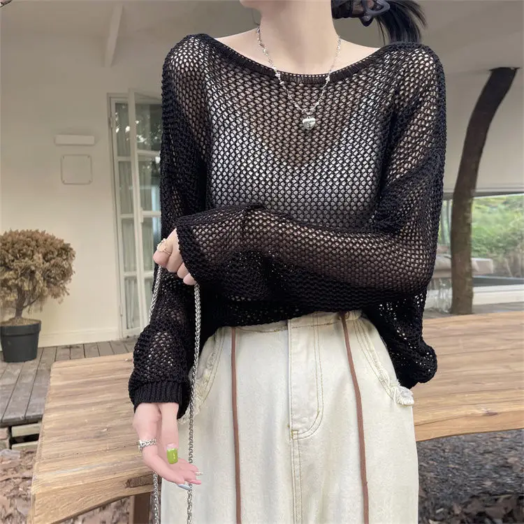 Thin French Sweet Knit Sunscreen Coverall Women Pullover Outer Backless Design Pearl See Through Long Sleeve Top Sexy