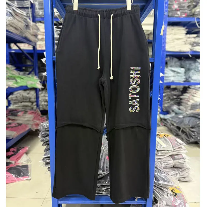 Streetwear Style Wide Leg Satoshi Nakamoto Pants Color Rhinestone Letter Decor Spliced Drawstring Loose Casual Pants Men Women