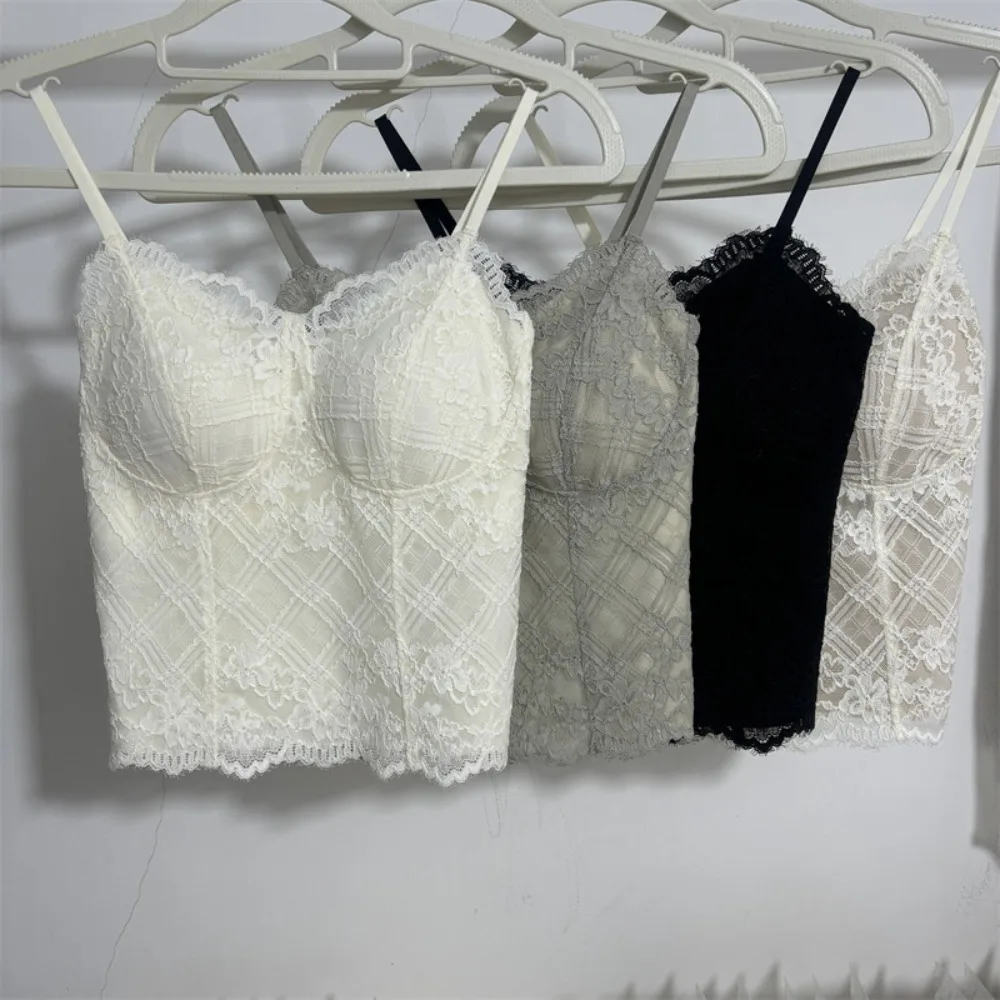 BANERDANNI Women Four‑Season French Lace Tank Camisole Fixed Bra Cup Side Breast Support Slim Soft Basic Undergarment Inner Wear