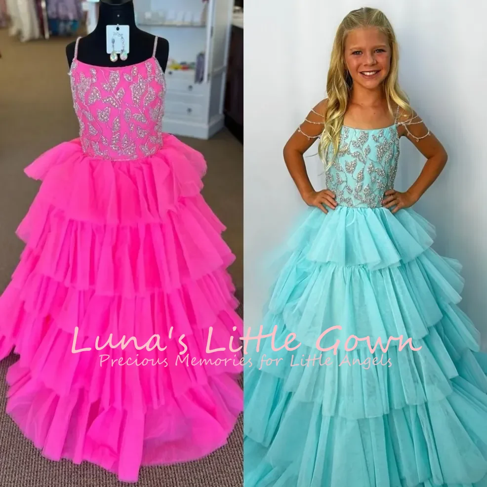 

Princess Multi Tier Ruffle Tulle Flower Girl Dress Floor Length Sparkle Rhinestone Beaded Bodice Wedding Party Gown Customized