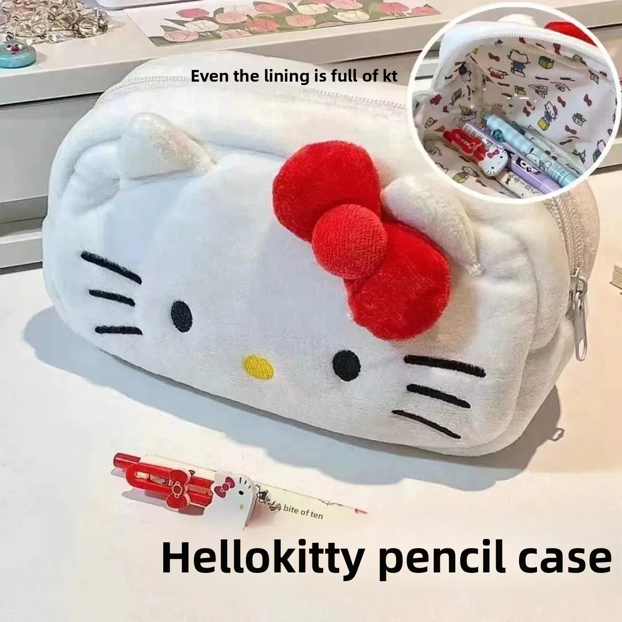 

Cute Kitty cat pencil case ins hot Japanese Hello Kitty plush stationery bag cartoon student storage makeup bag