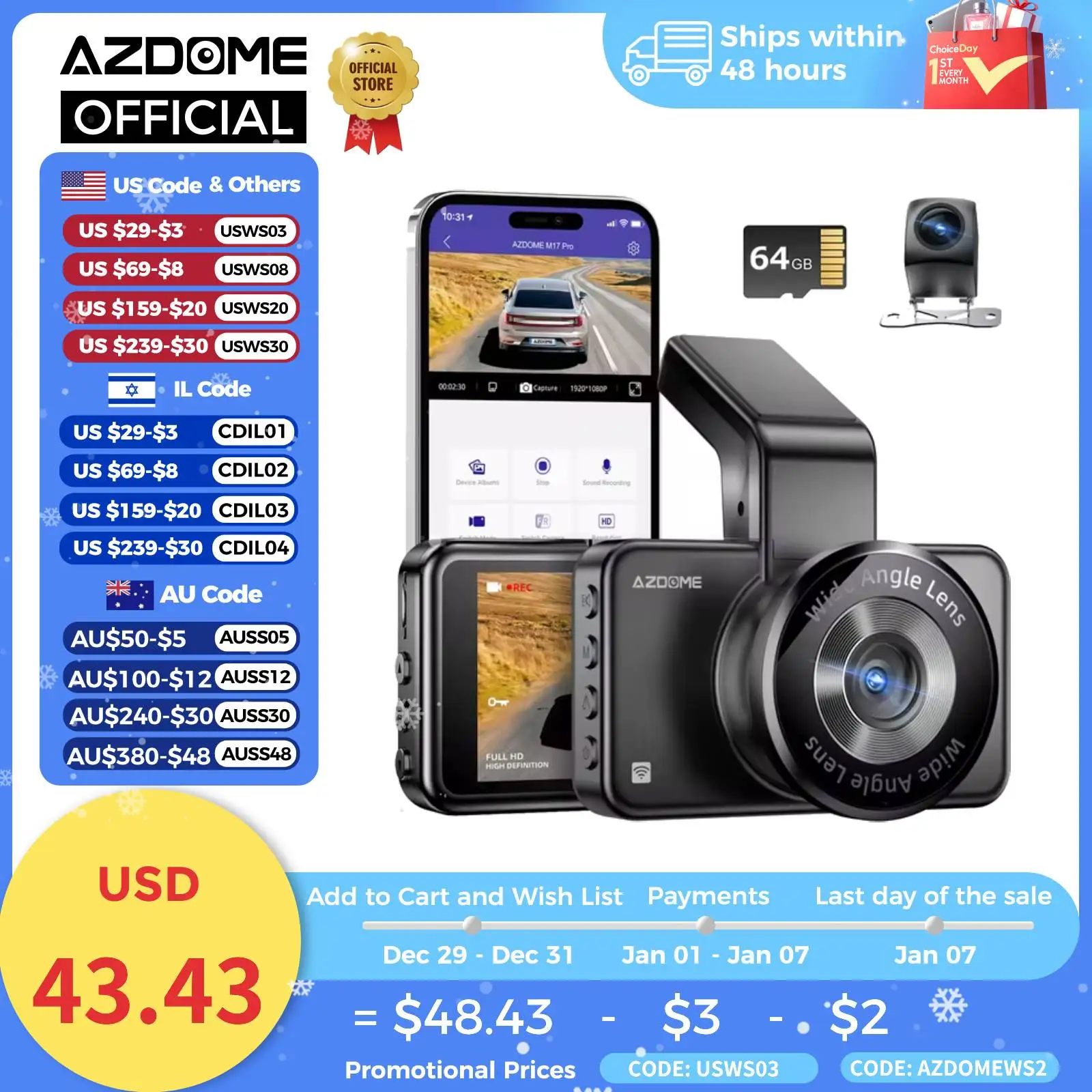 2024 New AZDOME Dash Cam M17Pro 2K+1080P 150°FOV Car DVR Wifi ADAS 24H Parking Mode Loop Recording Super Night Vision G-Sensor