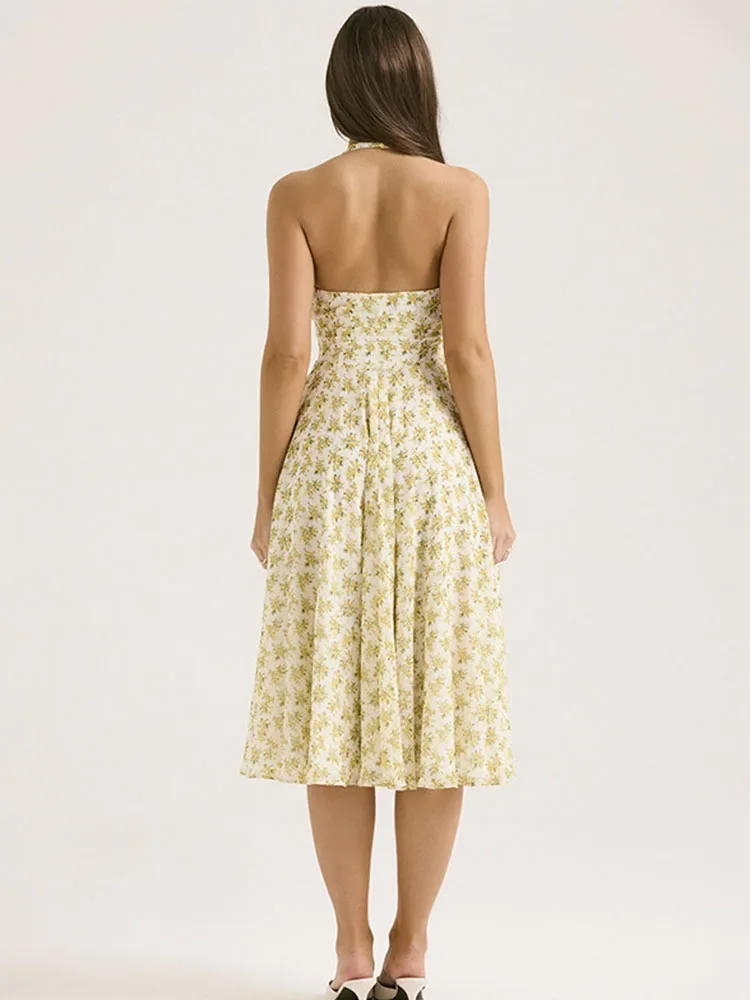 ลึก V Halter ดอกไม้พิมพ์เซ็กซี่ A-Line ชุดผู้หญิงชุดราตรียาวชุด Backless Bodycon ฤดูร้อนชุด Vestidos
