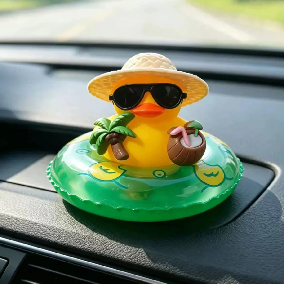 Tropical Rubber Duck Car Ornament, Funny Beach Duck with Sunglasses, Coconut Float, Car Interior Decor, Dashboard Accessories