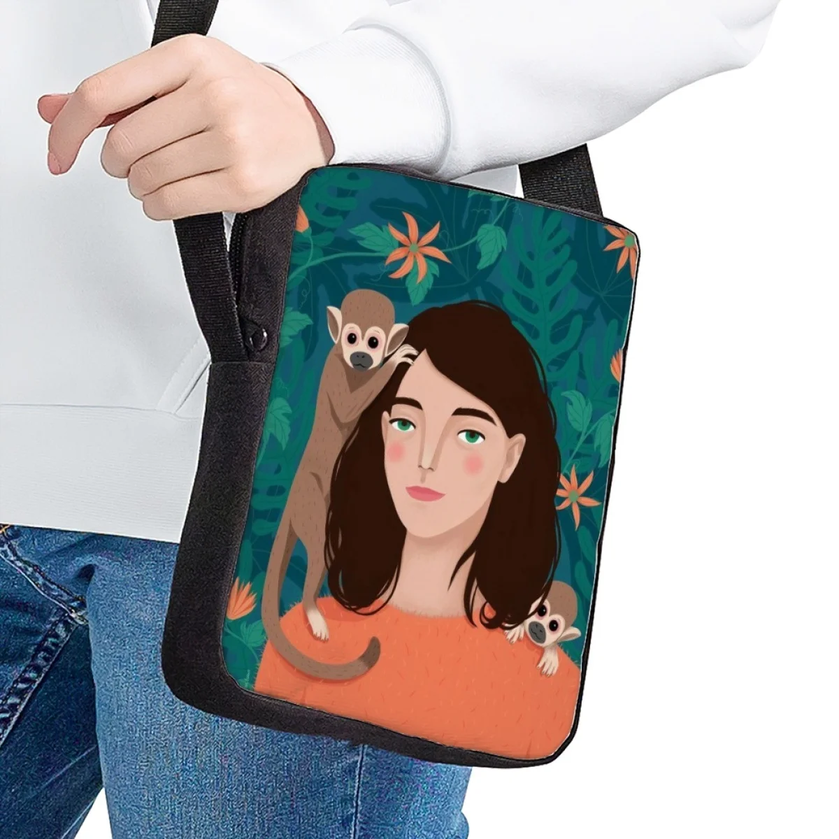 Women's Crossbody Bags Adjustable Casual Travel Shoulder Bag Fashion Art Flower Girl Print Small Capacity Shopping Messenger Bag