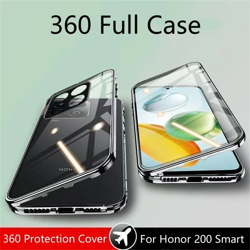 360 Full Magnetic Case For Honor 200 Smart 5G Case Double Sided Adsorption Metal Tempering Glass Protection Phone Shell Cover