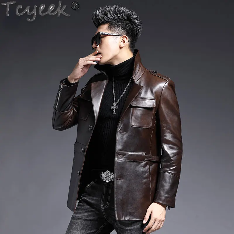 Tcyeek Fashion Mid-length Huinting Jacket Spring Fall Genuine Leather Man Jackets Casual Male Real Sheepskin Coat Men Clothing