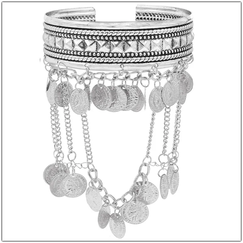 1pc New Multilayer Tassel Coin Shape Pendant Upper Arm Bracelet For Women Open Cuff Bangles Couple Hand Ornaments Gift - view 5