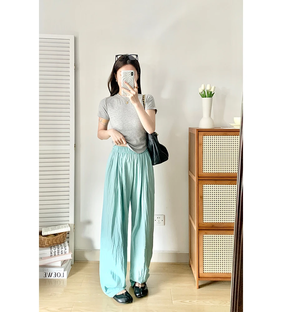 

Blue Casual Pants Women's High Waist Drapey Japanese Sle Simple Dopne Floor-Length Wide Leg Pants Summer New Arrival