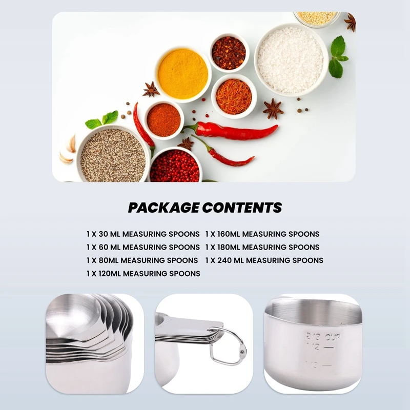 Measuring Cups Set of 7 with 1/8 Cup Coffee Scoop,Stainless Steel Metal Measuring Cup, 7 Piece Stackable Set with Spout-A73M