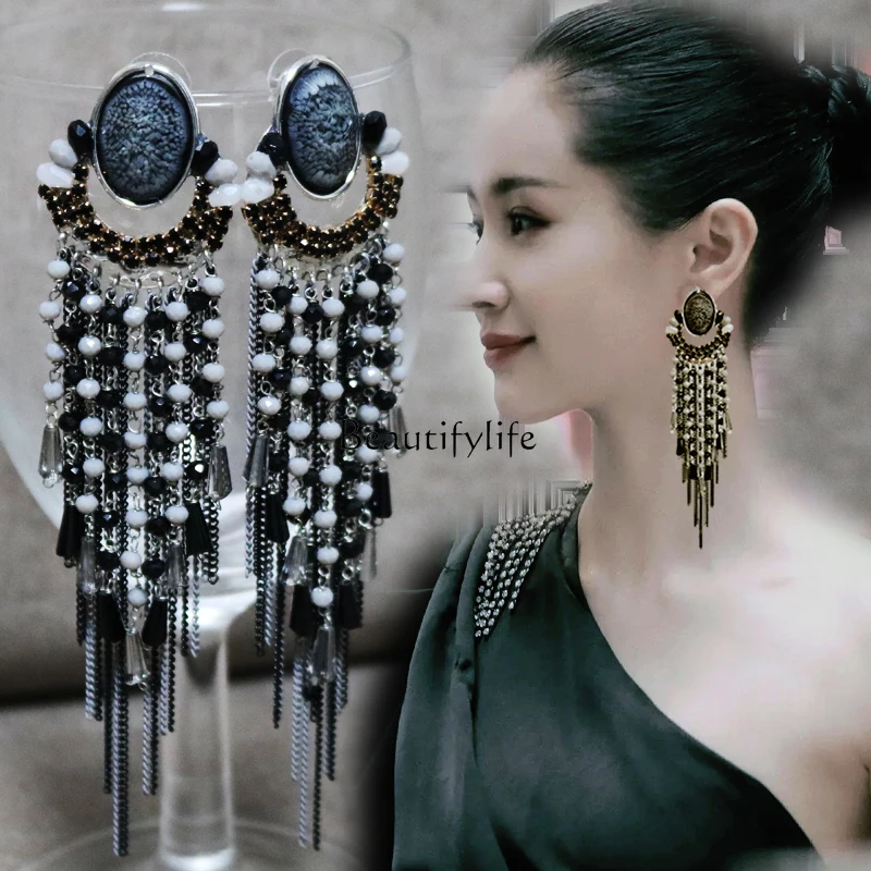 Big Ear Stud Waterfall Long Luxurious Tassel Crystal Diamond Black Heavy Industry Earrings