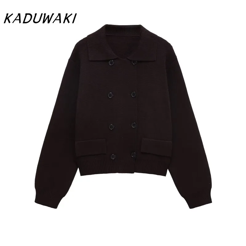 

KADUWAKI Autumn/winter American Retro Women's Casual British Style Fashion Double-breaked Lapel Knit Cardigan-top Jackets 방수자켓