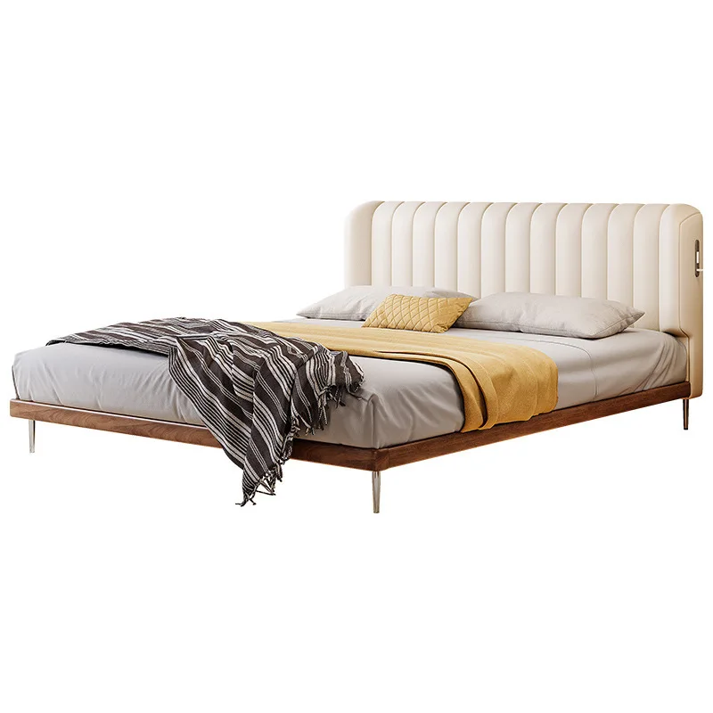 

piano key bed, medieval style master bedroom solid wood soft bag, small apartment cream style double flush edge retro leather