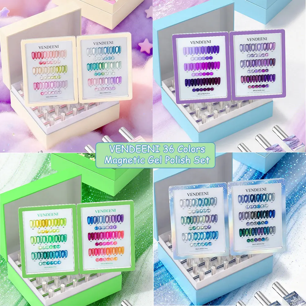 Vendeeni 36pcs Fluorescent Green Macaron Purple Blue Magnetic Gel Nail Polish Set With Color Card Soak Off UV Cat Eye Gel Polish