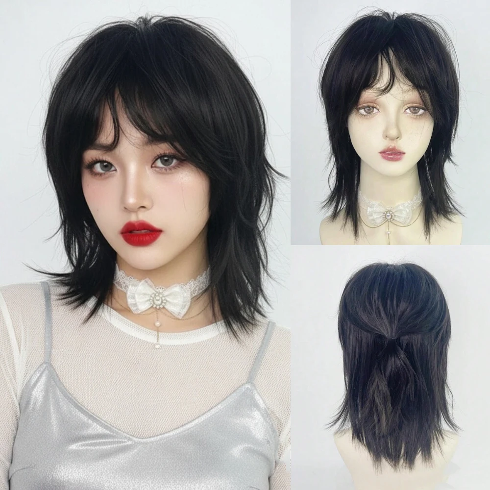 شعر مستعار أسود قصير مستقيم مقاوم للحرارة مع ألياف صناعية للنساء من أجل لوليتا كوسبلاي الهالوين وعيد الميلاد كاجوال جلام #1