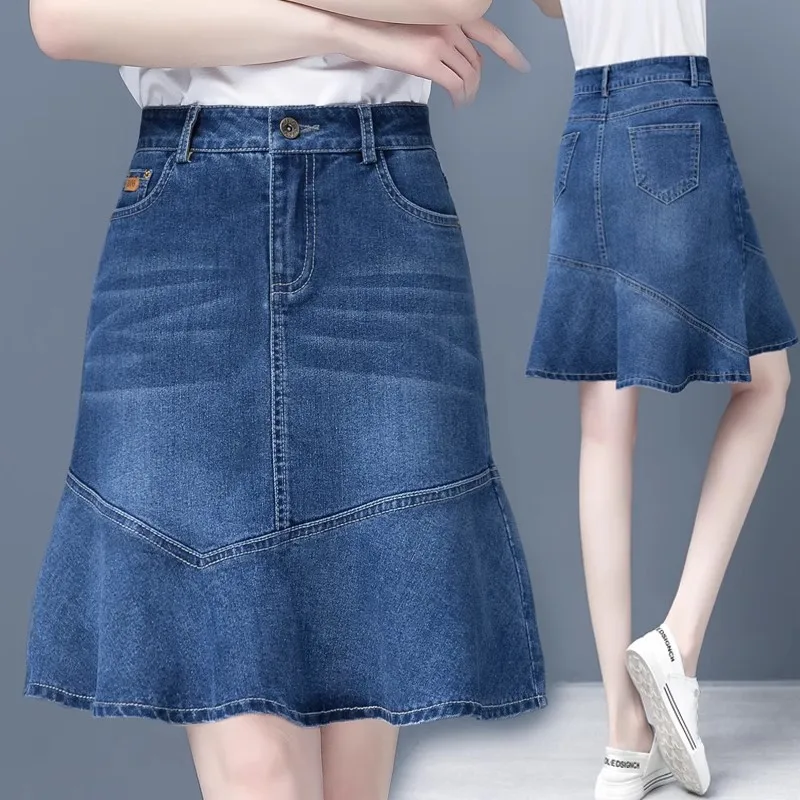 

High Waist A-Line Skirt Women's Denim Skirt Slim Fit Elastic Waist Thin Material Commute Sle ort Skirt