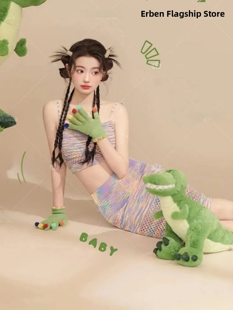 

Вязаный комплект в корейском стиле: платье и очаровательный костюм для студийной фотосессии для молодых женщин, летняя мода для дам