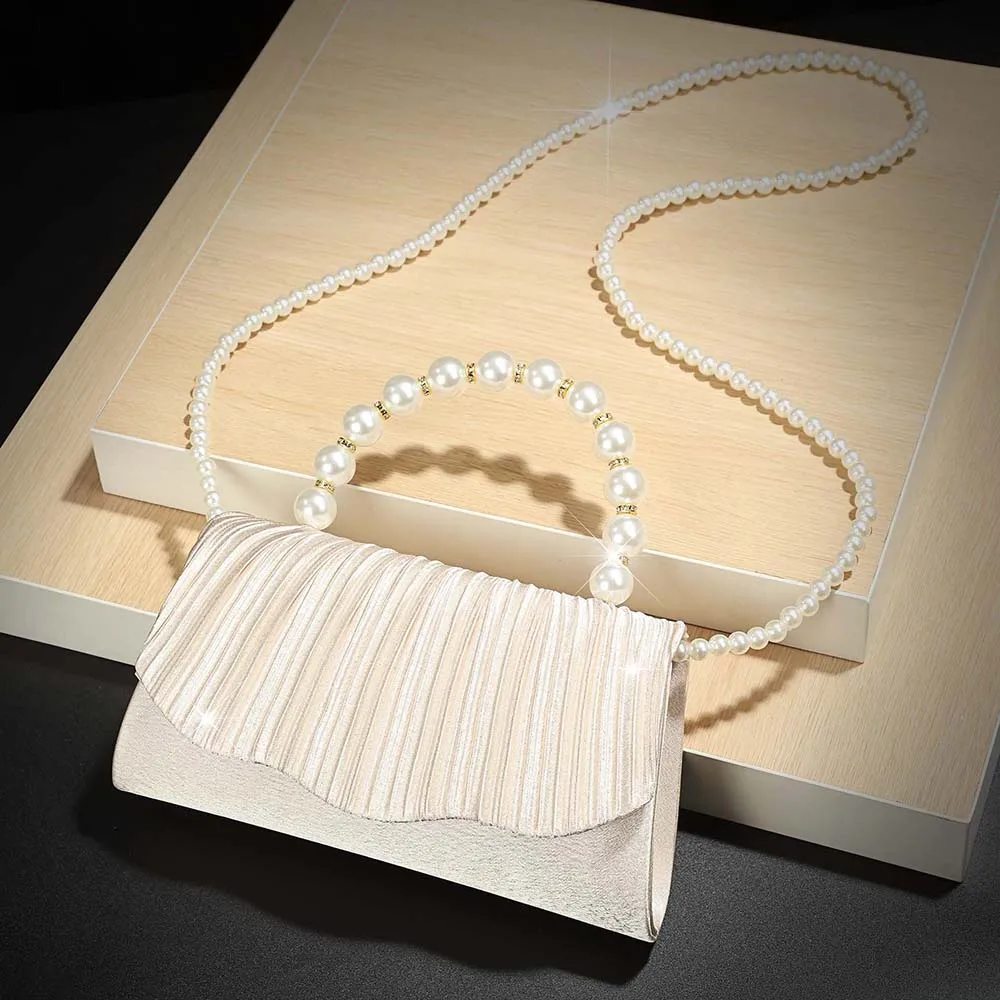 Immagine 3: Pochette da Sera con Manico di Perle, Piccola Borsa in Raso per Donne, Elegante Borsetta da Sposa per Feste, Tracolla