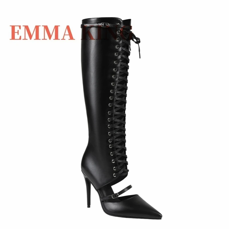 Black Stiletto Heels Bootie,Womens Pointy Toe Mid-Calf Booties,Hollow-Out Footwear,Front Lace Up Heeled Fashion Shoes for Women
