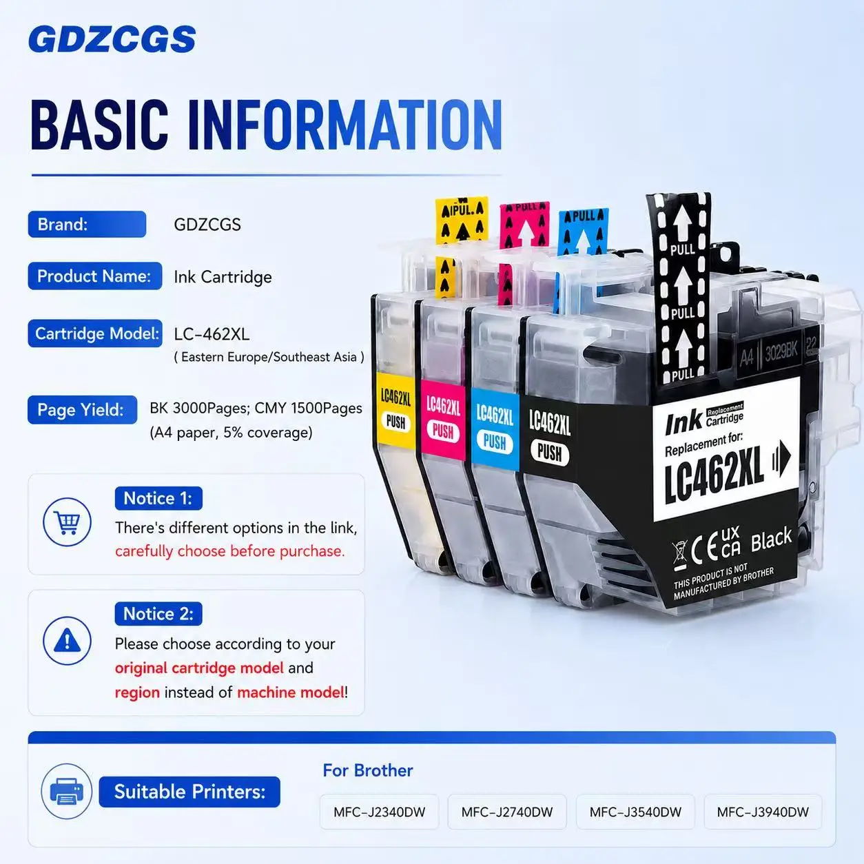LC462 LC462XL 462 Ink Cartridge Compatible for Brother MFC-J2340DW MFC-J3540DW MFC-J3940DW Printer Eastern Europe/Southeast Asia