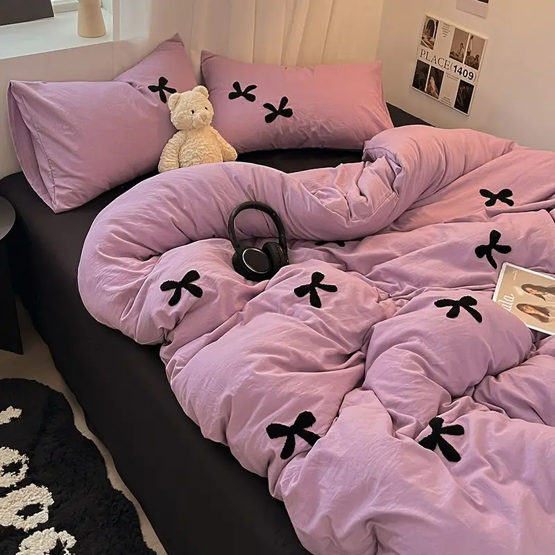 INS Bowknot Duvet Cover Solid Color Bed Linens Pillowcases Luxury Purple Black Bedding Set For Girls Woman Decor Home