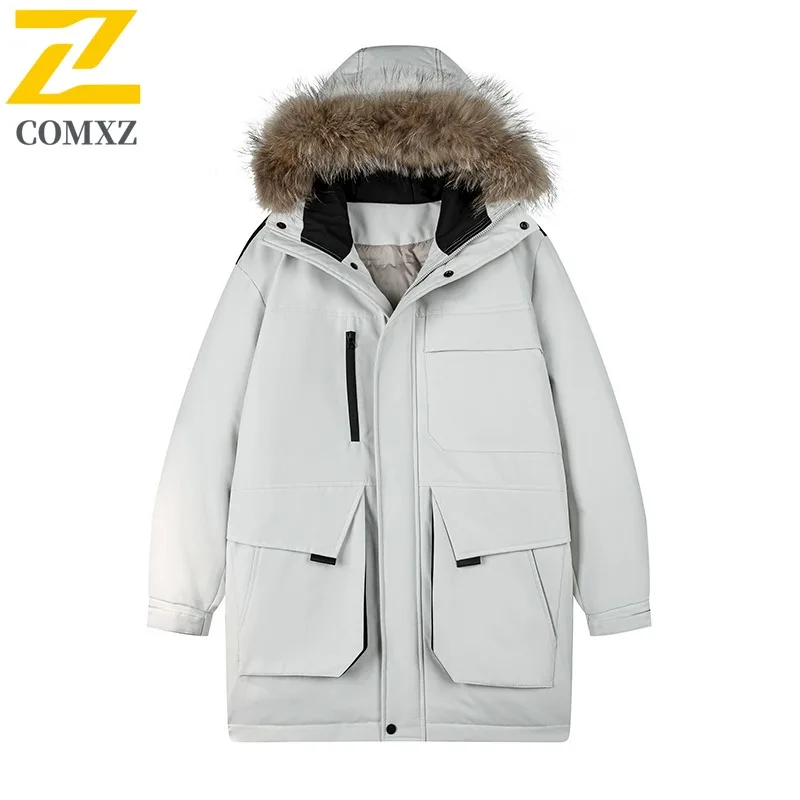 COMXZ Men Long Down Parka Multi Pocket Hooded Ski Travel Warm Loose Snow Padded Jacket Windproof Street Classic Winter Jackets