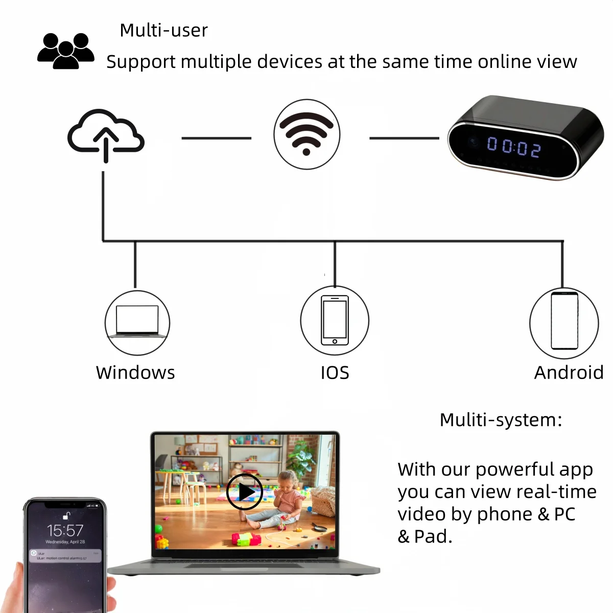 Cámara de reloj inalámbrica con visión nocturna WiFi HD 4K visualización remota para vigilancia del hogar y la oficina, cámara de seguridad con 64G