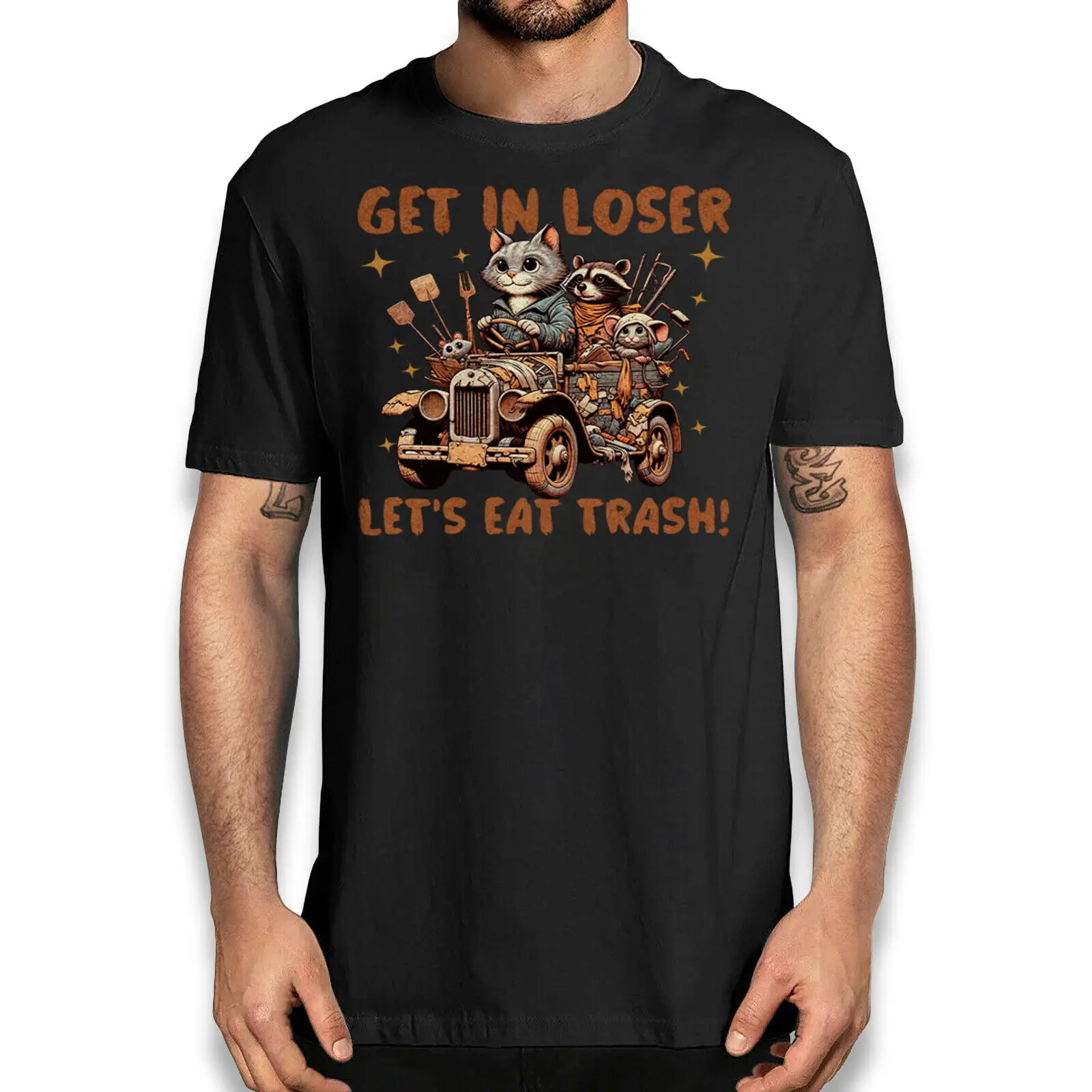 Funny Raccoon Cat Mouse T-Shirt 'Get In Loser, Let's Eat Trash' Car Tee