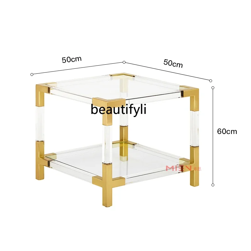 

newExquisite Transparent Acrylic Tea Table Organic Glass Mirror Titanium Gold Metal Corner Tabless1001