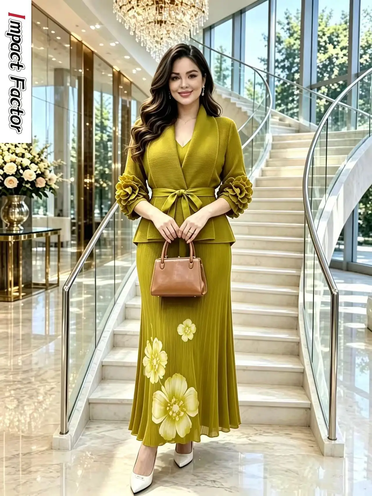 Miyake 2026 Autumn New Peach Blossom Printing Solid Color Pleated Two-piece Coat Skirt Waist Suit Women